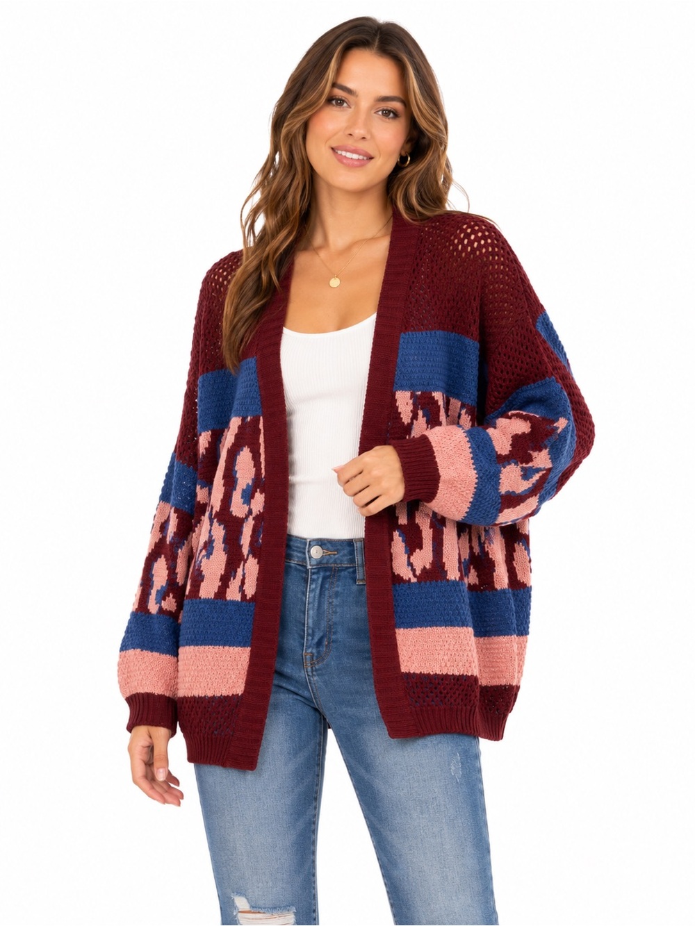 NWT Umgee Striped Open-Front Knit Cardigan Sweater Leopard Burgundy, Blue & Pink